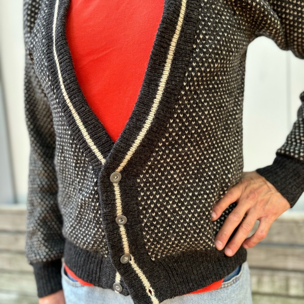 PATRICK JAMES—VTG 100% Shetland Wool Cardigan—Men's M—Black & White Birdseye—VG+